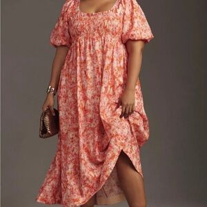 NEW Anthropologie Women Plus size 2X Smocked Babydoll Printed Midi Dress Orange
